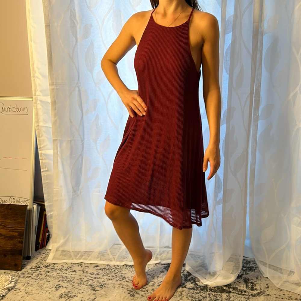 Soft and floaty burgundy tank dress with sheer overlay, ribbed